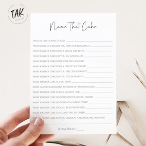May include: A printable game card with the title "Name That Cake" and a list of questions about different types of cakes. The questions are written in a playful and humorous tone.