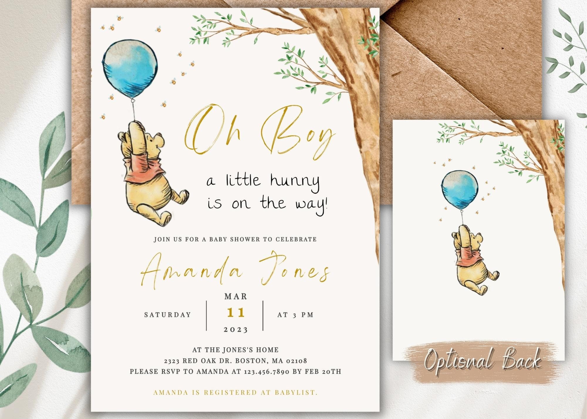 Pooh Bear Baby Shower Boy Invitation Bundle Editable Pooh - Etsy