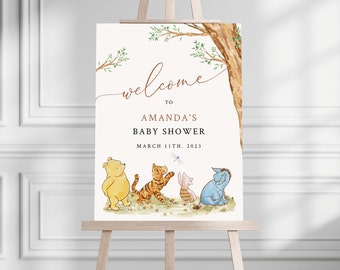 Winnie The Pooh Baby Shower Signo de bienvenida, Bienvenida de baby shower editable, Descarga digital instantánea, Signo de bienvenida neutral de género imprimible