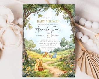 Winnie The Pooh Gender Neutral Baby Shower Invitation, Editable Classic Storybook Theme, Custom Baby Shower Invite, Hundred Acre Baby Shower