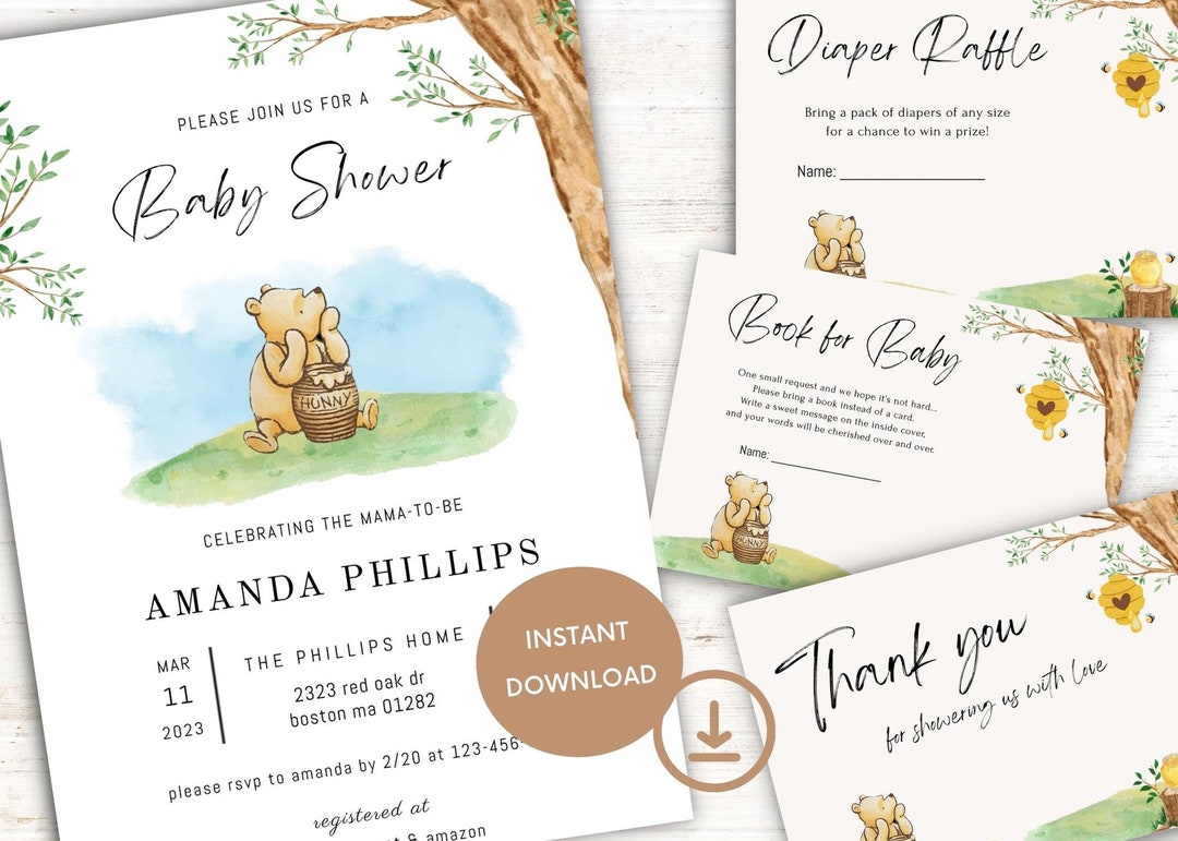 Winnie the Pooh Gender Neutral Baby Shower Invitation Bundle, Editable