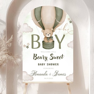 Babyparty-Willkommensschild mit Bogenbär, süßes Babyparty-Willkommensschild für Jungen, Teddybär-Heißluftballon-Salbei-Thema, benutzerdefinierte Schaumstoffplatte, persönliches neutrales Dekor