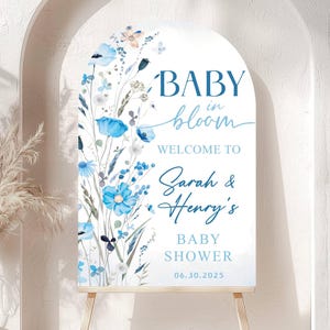 Gedrucktes Bogen-Baby in Blüte Babyparty-Jungen-Willkommensschild, Blumendusche-Willkommen, Individuell bedrucktes Baby-Blau-Schaumbrett-Party-Willkommen