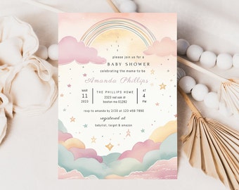 Rainbow Baby Shower Invitation Template, Baby Girl Invite, Watercolor Rainbow Baby, Digital Download Invite, Printable Invitation Template