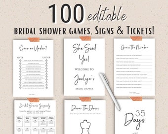 Minimalist Bridal Shower Games, Bridal Shower Signs, Bridal Shower Tickets Bundle, 100 Editable Instant Digital Download Bridal Templates