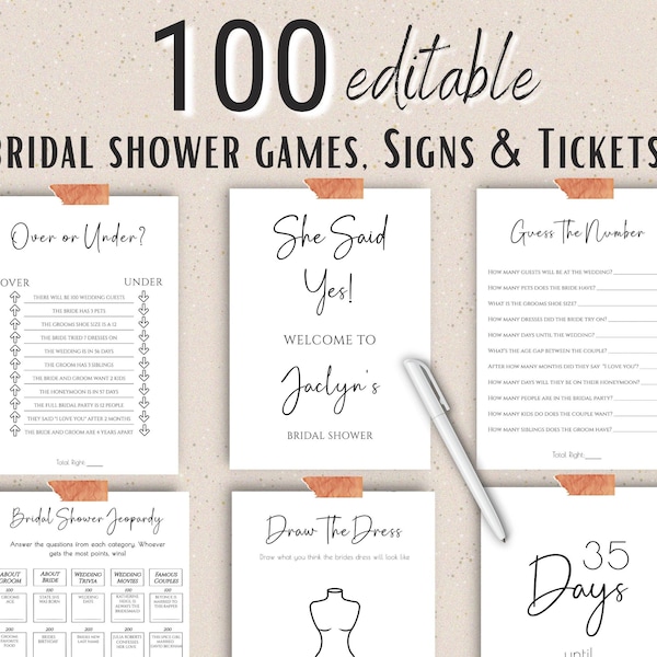 Minimalist Bridal Shower Games, Bridal Shower Signs, Bridal Shower Tickets Bundle, 100 Editable Instant Digital Download Bridal Templates