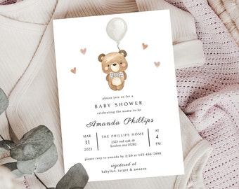 Gender Neutral Baby Shower Invitation, Baby Bear Editable Baby Shower Or Gender Reveal Invitation Template, Instant Digital Download