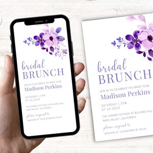 Electronic Bridal Brunch Or Bridal Shower Invitation, Instant Digital Download Template, Purple Flower Bridal Brunch Invite