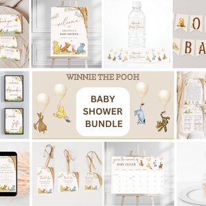 Puede incluir: Paquete de imprimibles para baby shower de Winnie the Pooh que incluye un cartel de bienvenida, invitaciones, tarjetas de agradecimiento, etiquetas para botellas de agua, una pancarta, juegos, adornos para cupcakes y etiquetas para regalos. El diseño presenta a Winnie the Pooh, Piglet, Tigger y Eeyore.