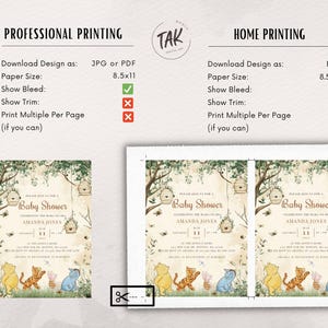 May include: Printable baby shower invitation featuring Winnie the Pooh and friends in a whimsical woodland setting. The invitation is decorated with honeycombs, bees, and flowers. The text reads "Baby Shower Celebrating the Mom-to-Be Amanda Jones".
