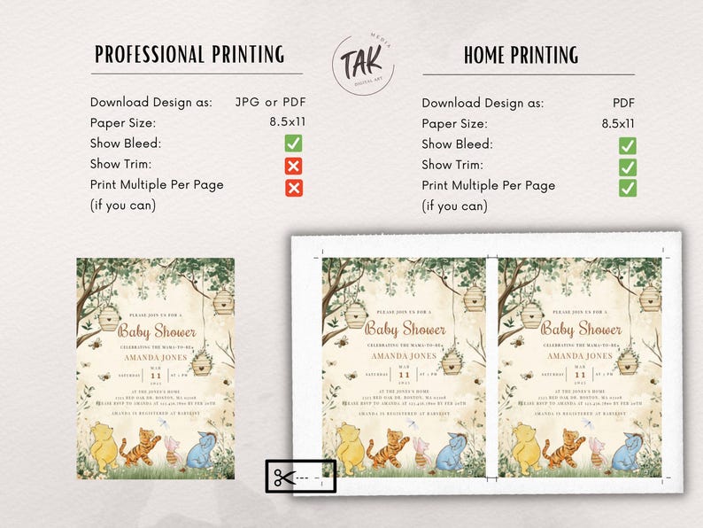 May include: Printable baby shower invitation featuring Winnie the Pooh and friends in a whimsical woodland setting. The invitation is decorated with honeycombs, bees, and flowers. The text reads "Baby Shower Celebrating the Mom-to-Be Amanda Jones".