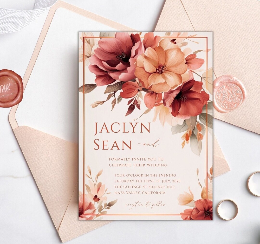 Floral Wedding Invitation Template, Burnt Orange Fall Colors, Modern ...