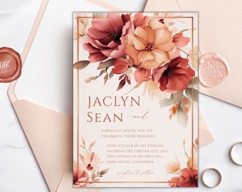 Floral Wedding Invitation Template, Burnt Orange Fall Colors, Modern Invite, Simple Editable Invite Template, Printable Digital Download