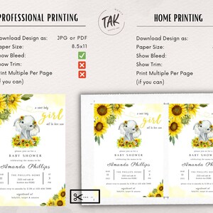 May include: A baby shower invitation with a yellow and green sunflower and elephant design. The invitation reads "A sweet baby girl will be here soon." and includes the text "Baby Shower celebrating the mama to be Amanda Phillips".