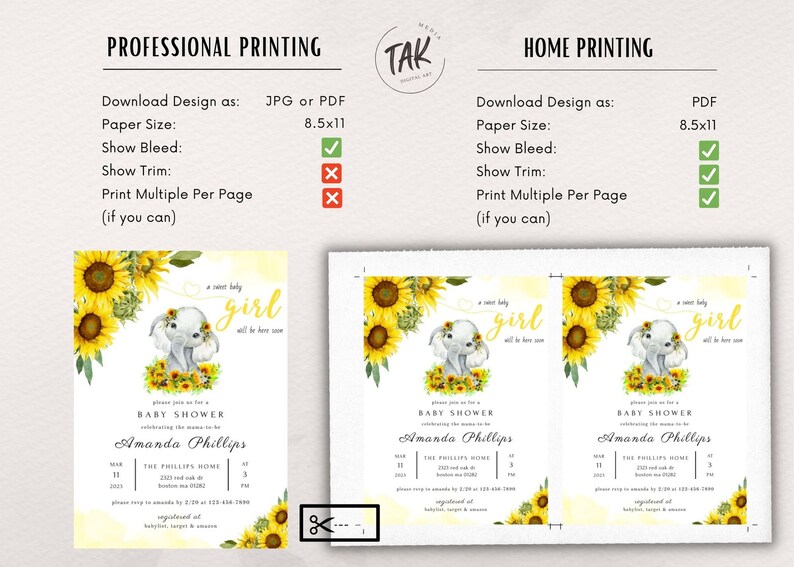May include: A baby shower invitation with a yellow and green sunflower and elephant design. The invitation reads "A sweet baby girl will be here soon." and includes the text "Baby Shower celebrating the mama to be Amanda Phillips".