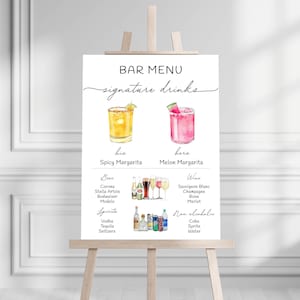 Carte de bar imprimée Panneau en mousse minimaliste, Carte de bar imprimée, Carte de boissons moderne, Plaque de bar personnalisée, Plaque de boisson signature pour fête, Bar de mariage