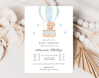 Redigerbar mall för babyshower med nallebjörnstema, Vi kan vänta, babyshowerinbjudan för pojke, utskrivbar digital nedladdning