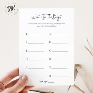 Minimalist Bridal Shower What&#39;s In The Bag Game, Bridal Shower Game, Printable Card, Downloadable Game, Instant Editable Digital Download
