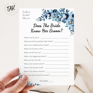 Bridal Shower Does The Bride Know Her Groom Game, Dusty Blue Bridal Shower Printable Game, Downloadable Game, Editable Digital Download