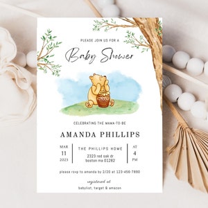 Invitación editable para baby shower de Winnie the Pooh, tarjeta de invitación clásica para baby shower de osito Pooh, plantilla de descarga digital imprimible al instante