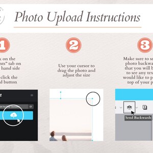 May include: A three-step guide on how to upload a photo to a website. The first step shows a blue button with a cloud icon. The second step shows a photo of a couple on a beach. The third step shows a blue button with a text that says "Send Backwards".