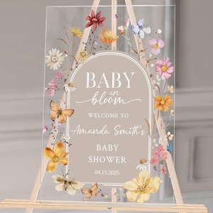 Baby in Bloom Acryl-Babyparty-Schild - Personalisiertes Blumen-Willkommensschild für Frühlings-Babyparty, kundenspezifisches Ereignis-Dekor, klares oder gefrostetes Schild