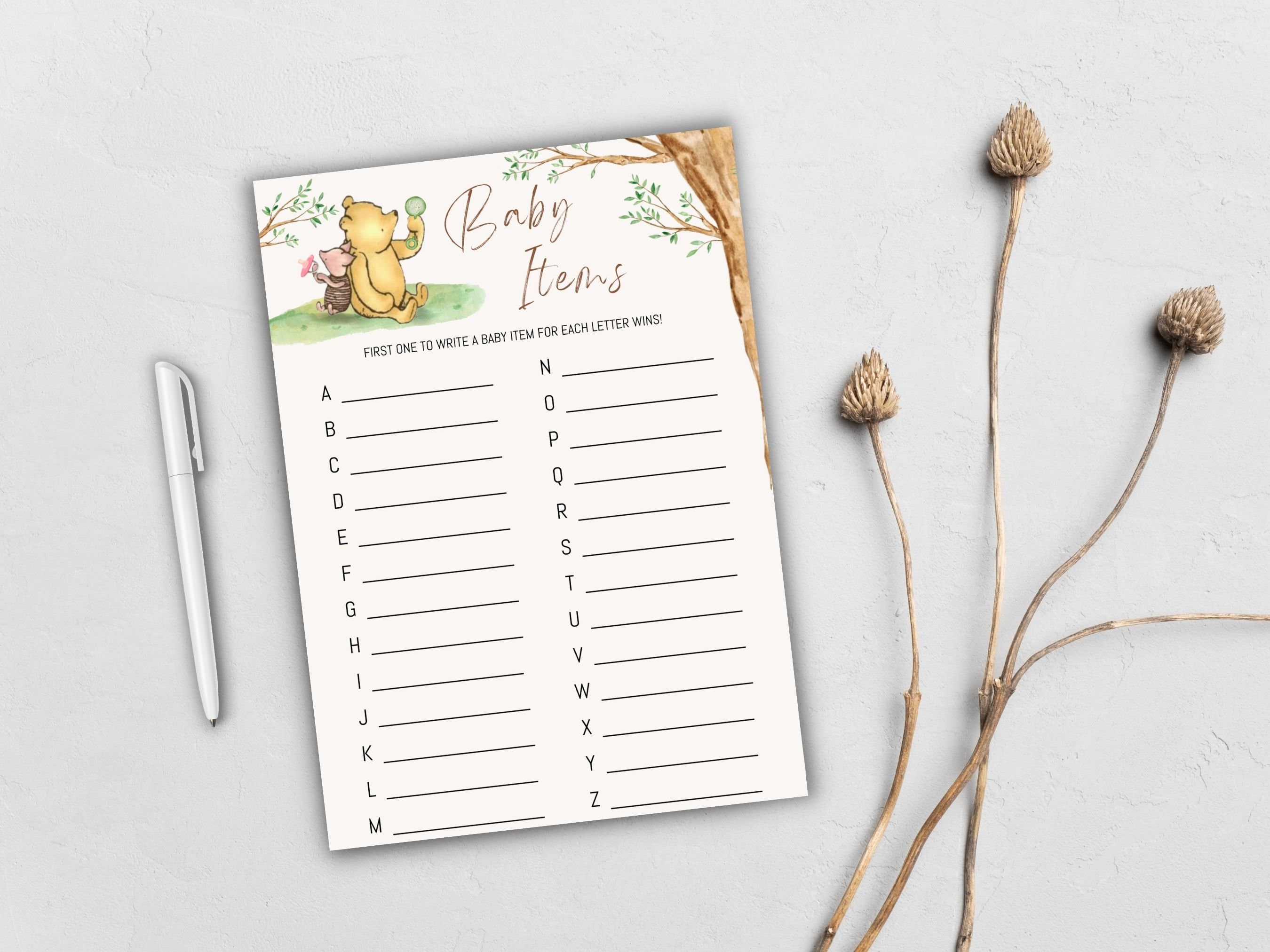 Winnie the Pooh Baby Shower Baby Items ABC Game, Baby Shower Games