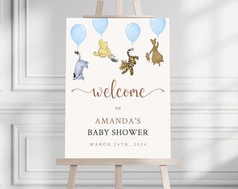 Placa de boas-vindas para chá de bebê do Ursinho Pooh, Placa de boas-vindas para chá de bebê editável, Download digital instantâneo, Placa de boas-vindas para bebê menino para impressão