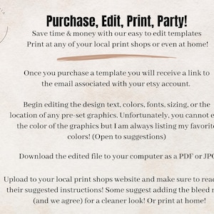 May include: A digital illustration with instructions on how to purchase, edit, print, and party with a printable template. The illustration includes icons of a shopping cart, a computer, a download arrow, and a printer.