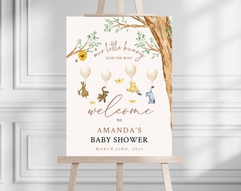 Winnie The Pooh-Babyparty-Willkommensschild, bearbeitbares Babyparty-Willkommen, sofortiger digitaler Download, druckbares geschlechtsneutrales Willkommensschild