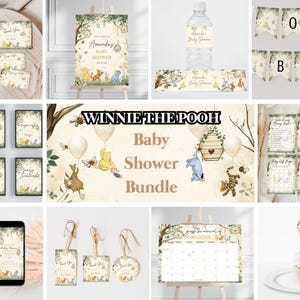 Paquete de baby shower de Winnie the Pooh, set de decoración para fiesta de bosque, pancarta con letrero de juegos de invitación, decoraciones para baby shower de género neutro, Acre Wood