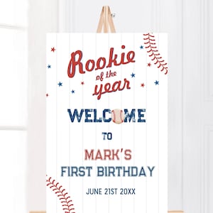 Letrero de bienvenida impreso para el primer cumpleaños de Novato del Año en Béisbol, decoración de cumpleaños personalizada con tablero de espuma, letrero personalizado con temática deportiva para el primer cumpleaños de un niño