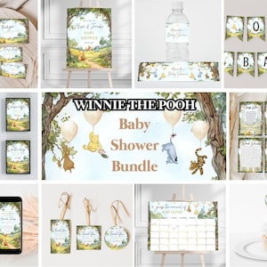 Paquete de baby shower de Winnie the Pooh, paquete editable de Hundred Acre Wood, descarga digital instantánea, paquete imprimible de Winnie the Pooh para baby shower de género neutro.