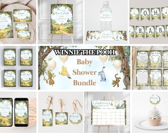 Pacote de chá de bebê do Ursinho Pooh, pacote de madeira editável de cem acres, download digital instantâneo, pacote de chá de bebê do Ursinho Pooh neutro para impressão
