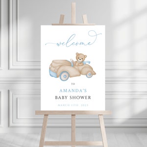 Letrero de bienvenida para baby shower con texto "We Can Bearly Wait", para niño, osito de peluche para bebé, póster de cartón pluma impreso, letrero de bienvenida para niño con texto "Where Can Bear Driving" para imprimir