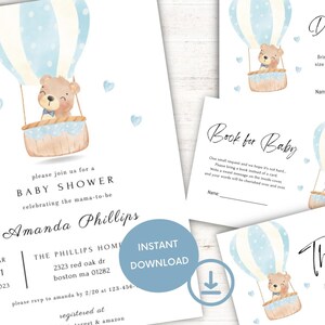 Baby Boy Shower Invitation Bundle, Editable Bear Baby Shower Invitation Bundle, Printable Instant Digital Download