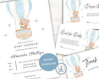 May include: A blue and white hot air balloon with a brown teddy bear inside. The balloon has white polka dots and is surrounded by blue hearts. The text "Diaper Raffle" is at the top of the card. The text "Book for Baby" is at the top of the card. The text "Thank you for showering us with" is at the bottom of the card. The text "Please join us for a Baby Shower celebrating the mama-to-be Amanda Phillips" is at the top of the card. The text "THE PHILLIPS HOME 2323 red oak dr boston ma 01282" is in the middle of the card. The text "MAR 11 2023" is on the left side of the card. The text "INSTANT DOWNLOAD" is in a blue box on the right side of the card. The text "please rsvp to amanda by 2/20 at 123-456 registered at target & amazon" is at the bottom of the card.