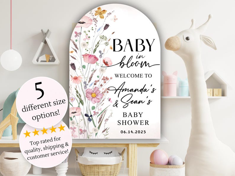 Puede incluir: Un cartel blanco en forma de arco con un dise&ntilde;o floral y el texto "BABY in bloom WELCOME TO Amanda's & Sean's BABY SHOWER 06.14.2025".