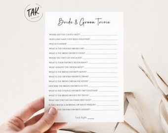 Minimalist Bridal Shower Bride & Groom Trivia Game, Bridal Shower Game, Printable Card, Downloadable Game, Instant Editable Digital Download