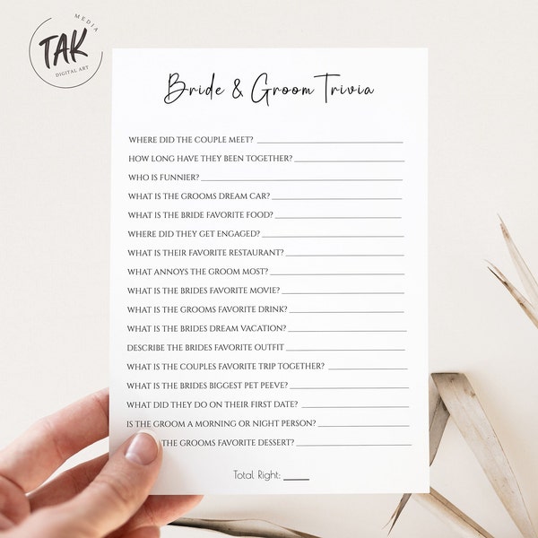 Minimalist Bridal Shower Bride & Groom Trivia Game, Bridal Shower Game, Printable Card, Downloadable Game, Instant Editable Digital Download