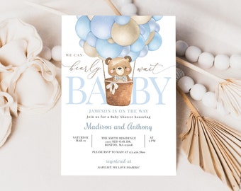 Modello di invito per baby shower modificabile con orsetto di peluche Modello di invito per baby shower con tema "Possiamo aspettare a lungo" Stampabile Download digitale istantaneo