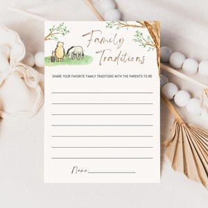 Modèle de carte de traditions familiales Winnie l'ourson Baby Shower, jeu de douche de bébé téléchargeable imprimable, téléchargement numérique modifiable instantané