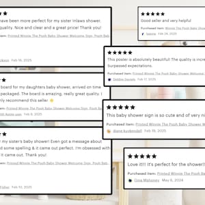 May include: A collection of customer reviews for a baby shower sign. The reviews are in white speech bubbles with black borders. The reviews mention the quality, appearance, and service. The sign is themed around Winnie the Pooh.
