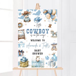 Cartello di benvenuto per baby shower con stampa "Un piccolo cowboy", pannello di benvenuto in schiuma per baby shower in stile western, cartello per neonato con stampa di mucca blu, decorazioni western personalizzate