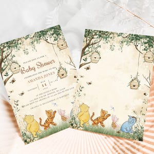May include: A Winnie the Pooh themed baby shower invitation with a watercolor background of green leaves and beehives. The invitation text reads "Please join us for a Baby Shower Celebrating the Mama-to-Be Amanda Jones Saturday, Mar 11, 2023 at 1 p.m. at the Jones's home 123 Red Oak Dr, Boston, MA 02108 Please RSVP to Amanda by Feb 20th Amanda is registered at Babylist"