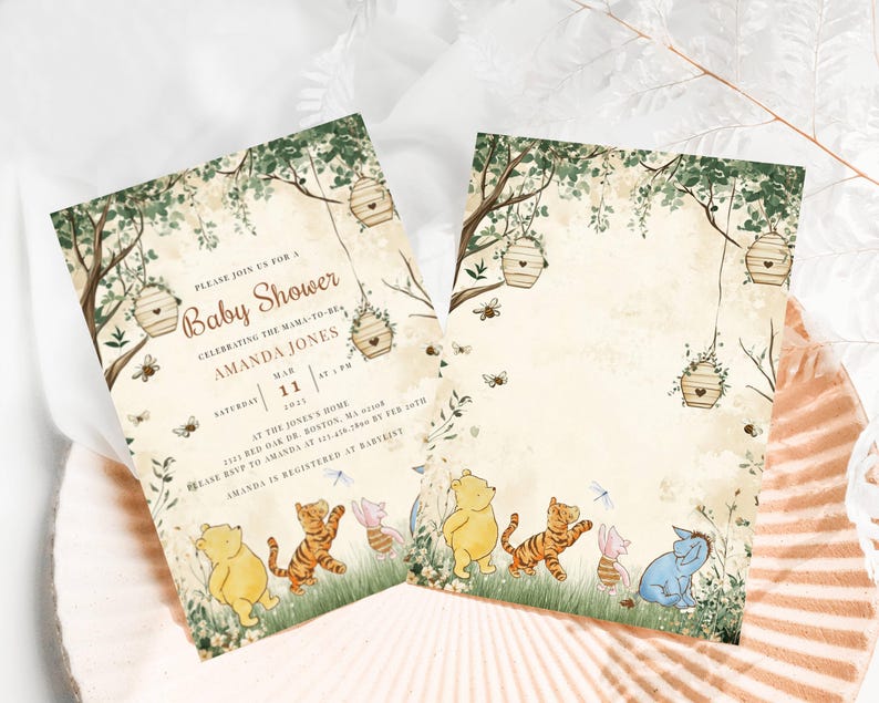 May include: A Winnie the Pooh themed baby shower invitation with a watercolor background of green leaves and beehives. The invitation text reads "Please join us for a Baby Shower Celebrating the Mama-to-Be Amanda Jones Saturday, Mar 11, 2023 at 1 p.m. at the Jones's home 123 Red Oak Dr, Boston, MA 02108 Please RSVP to Amanda by Feb 20th Amanda is registered at Babylist"