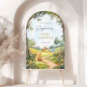 Letrero de bienvenida para baby shower con arco impreso de Winnie The Pooh, letrero de bienvenida para baby shower de Pooh, letrero de bienvenida con tablero de espuma de Winnie The Pooh con estampado de género neutro