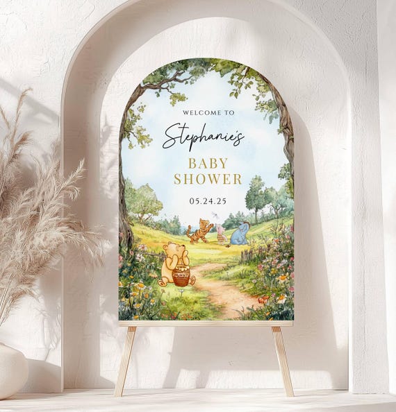 Printed Arch Winnie The Pooh Baby Shower Welcome Sign, Pooh Baby Shower Welcome, Printed Gender Neutral Winnie The Pooh Foam Board Welcome