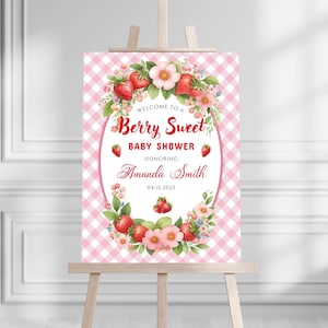 Gedrucktes Beeren Sweet-Babyparty-Schaumbrettschild - Erdbeer-Thema Willkommen, personalisiertes Babypartydekor, Mädchen-Babypartydekoration
