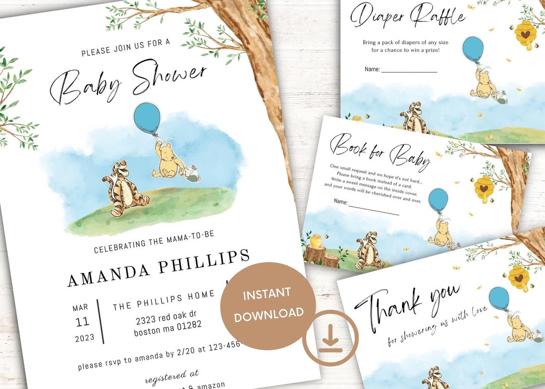 Pooh Bear Baby Shower Invitation Bundle, Editable Pooh, Piglet &amp; Tigger Invitation Template ...